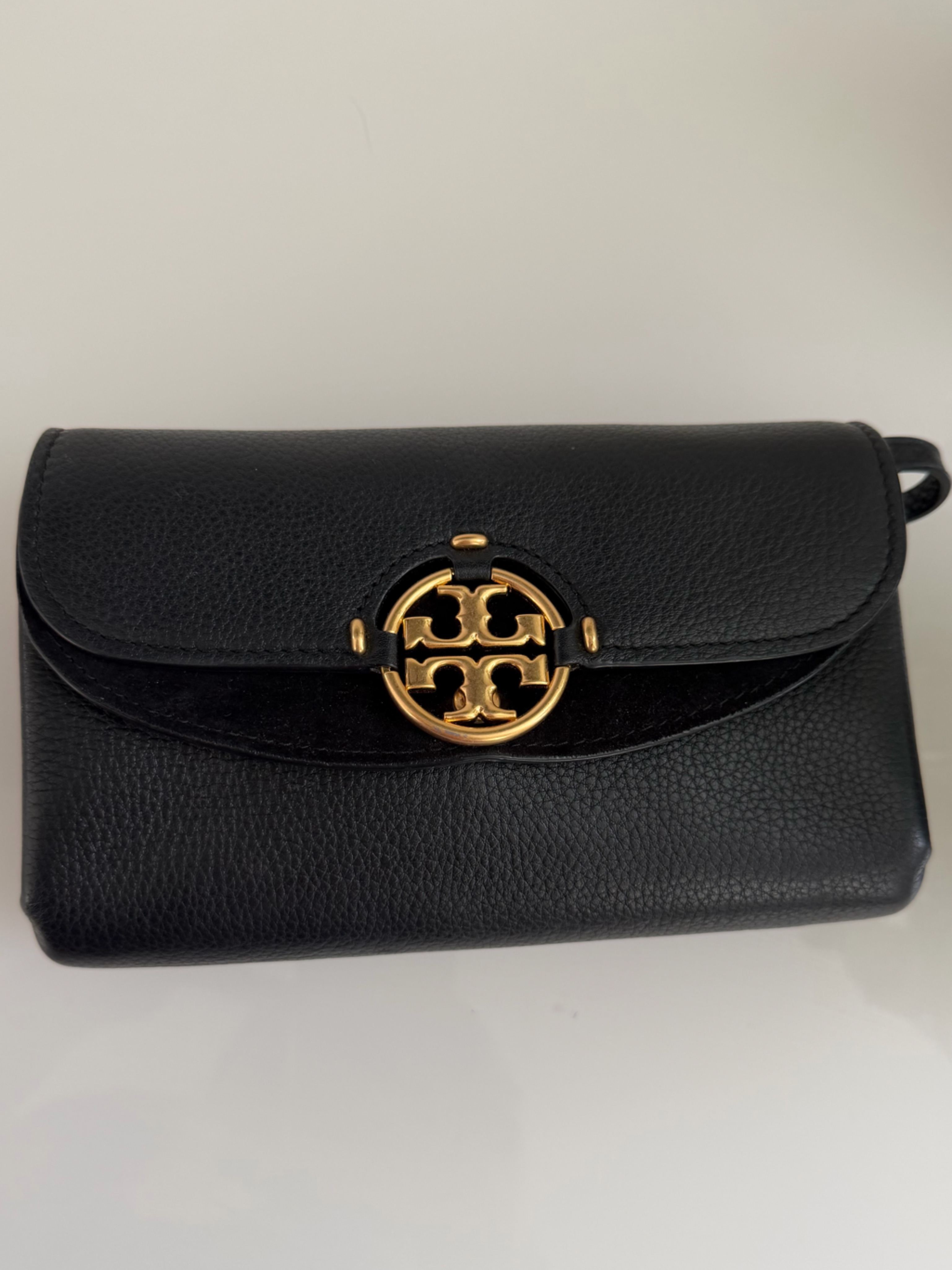 Tory Burch Black Leather Crossbody Wallet With Gold Logo
